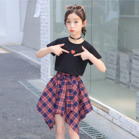 乌鹿童装女童套装2021夏季新款洋气时尚潮流学生网红中大童小女孩爱心T恤格子韩版半身裙两件套装