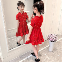 乌鹿童装女童连衣裙2021夏天季中大儿童洋气短袖公主裙子女孩雪纺裙小学生休闲沙滩裙3-14岁衣服