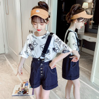 乌鹿女童套装夏装2021新款洋气韩版中大儿童短袖单肩背带牛仔裤两件套