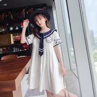 乌鹿女童夏季中长款短袖海军风儿童2021宽松休闲纯色薄款女中大童连衣裙