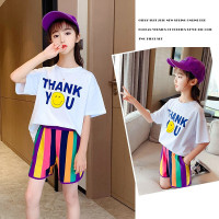 乌鹿女童夏款套装2021新款洋气女中大童彩条短裤笑脸上衣女孩甜酷两件套潮
