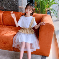 乌鹿女童短袖T恤连衣裙两件套2021夏季新款儿童单肩拼接款网纱裙子潮