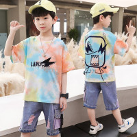 乌鹿童装男童套装夏装2021新款中大童休闲扎染洋气怪兽两件套潮范时尚儿童印花撞色牛仔中裤套装
