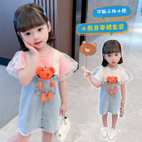 乌鹿女童牛仔背带裙套装2021儿童短袖T恤小熊衣服两件套宝宝韩版夏季时尚