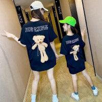 乌鹿洋气母女装儿童后背小熊T恤女童夏装白色短袖中长款亲子装潮服