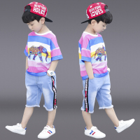 乌鹿童装男童套装夏装2021新款中大童男孩条纹T恤牛仔中裤两件套帅气短袖洋气夏季韩版潮儿童套装