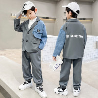 乌鹿童装男童套装春秋装中大童2021新款儿童韩版帅气拼接小男孩衣服英伦风格子时尚小西服两件套