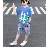 乌鹿男童套装2021夏季新款中小童儿童卡通印花牛仔短裤套装洋气潮流