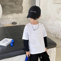 乌鹿童装男童T恤假两件2021春秋新款中大童装长袖上衣印花儿童打底衫纯棉