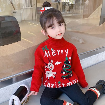 乌鹿儿童装女童加绒毛衣冬季2021年新款女宝宝加厚圣诞冬装儿童高领打底童装
