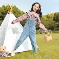 乌鹿童装女童套装2021春秋装新款牛仔背带裤洋气网红中大童裤子小女孩中小学生