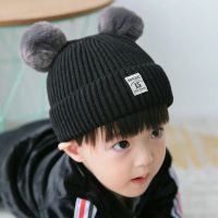 宝宝帽子秋冬儿童帽子加厚毛线韩版男童女童婴儿帽子3-6-12个月帽 黑色 0-2岁