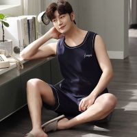 男士睡衣夏季短袖短裤棉质青少年简约男夏背心大码中年家居服套装 8828[上衣+裤子][特价款] 男士3XL码(适合175