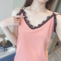 情侣睡衣女夏季薄款冰丝夏天短袖家居服仿真丝青少年男士两件套装 蕾丝吊带[一套] 女M+男L