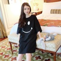 ()新款睡衣女夏薄款短袖裸睡裙可爱卡通宽松睡裙家居服 黑色笑脸 M 75斤-90