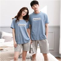 2套价 情侣睡衣夏季棉质一男一女短袖可爱睡裙外出家居服套装夏装 外穿字母款短袖 女M码+男L码