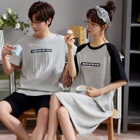 夏季情侣睡衣短袖条纹夫妻卡通一男一女可爱睡裙家居服套装可外穿 V6147 女M 【单套】