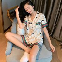 春秋睡衣女夏季冰丝薄款短裤短袖情侣家居服两件套夏天ins风套装 白色金链条 女款M码