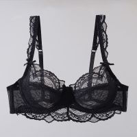 开始绽放胖mm大码蕾丝文胸超薄透明性感内衣套装大胸显小侧收胸罩 黑色单文胸 70A