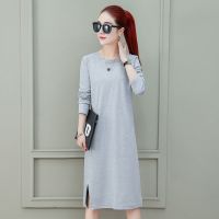 含棉新款长袖睡裙女秋天洋气大码过膝中长款裙子开叉连衣裙家居服 纯色(灰色) M(建议100斤以内)
