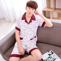 男士棉绸睡衣夏季薄款短袖短裤绵绸休闲家居服套装宽松两件套大码 CGK10101翻领方块 XL (120-140斤)