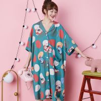 超大码短袖睡裙女夏300斤加肥加大码胖MM家居服短袖开衫睡衣200斤 橄榄色 绿史迪仔 均码