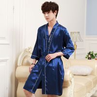 春夏季男士睡衣短袖薄款两件套青年丝绸宽松加大码学生夏天家居服 男袍藏青色 L