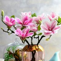 3D手感玉兰花假花仿真花客厅摆设花玄关餐桌花摆件装饰花卉套装 柔粉色2支紫红色1支[不含花瓶]