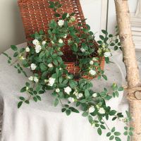 仿真蔷薇花藤空调管道缠绕遮挡假花藤条墙面装饰吊兰绿植藤蔓壁挂 白色野玫瑰花藤(1.75米长)