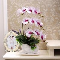pu手感仿真花蝴蝶兰套装客厅假花摆件花艺装饰品盆栽摆设绢花过 粉红色 粉芯白