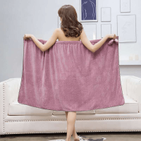 浴巾浴裙女加厚吸水不掉毛加大裹胸浴袍浴帽柔软家用速干发帽套装 浴裙+浴帽[豆沙紫]