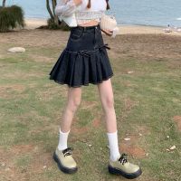 设计感小众蝴蝶结牛仔半身裙女夏季高腰短裙辣妹A字百褶裙ins裙子[5天内发货] 黑灰色 S