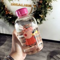 海洋蓝渐变磨砂玻璃杯女男大容量韩版创意学生儿童情侣简约水杯子 透明款(喇叭小猪)600ML 杯子