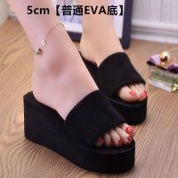 女士凉拖鞋2020新款夏季可爱卡通女是室内外一字厚底高跟坡跟拖鞋 [一字]光面5cm黑色 35码[偏小1码]