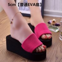 夏季时尚女拖鞋新款厚底凉拖鞋女坡跟鞋一字拖鞋松高跟凉拖沙滩鞋 5厘米光面玫红色[偏小1码] 35码