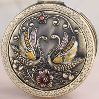 俄罗斯迷你随身双面化妆镜折叠便携小镜子复古可爱小号圆镜男女 紫天鹅青