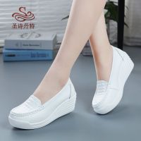 夏季真皮女松糕鞋女加绒护士鞋工作小白鞋坡跟妈妈单鞋舒适透气鞋 白色/春秋款 34
