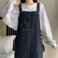 深蓝色牛仔背带裙女春季新款韩版宽松减龄小个子中长款直筒连衣裙 深蓝色 S