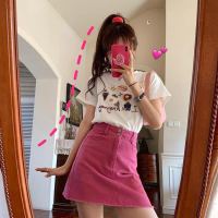 欧洲站新款牛仔半身裙女夏季2020新款高腰包臀A字裙显瘦亮色短裙 桃色 偏浅前面是直的实物 S 80-95