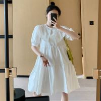 孕妇夏天裙子娃娃领上衣减龄蕾丝宽松大码可爱中长款孕妇连衣裙女 白色(优质版) M