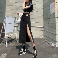 侧开叉牛仔半身裙女2021年夏季新款高腰a字中长款包臀裙百搭宽松 黑色 XS /25码(建议穿80-90斤)