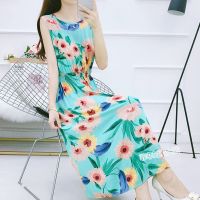 棉绸碎花短袖连衣裙2021夏波西米亚长款海边渡假沙滩印花人造棉裙 蓝底粉花 无袖 M(85-100斤)
