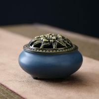陶瓷香炉家用茶道配件复古盘香香薰炉室内供佛摆件净化空气盘香炉 荷花盖宝石蓝 单炉-送防火棉-铜葫芦