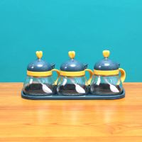 调味盒家用厨房用品卡通可爱创意玻璃调味罐佐料盒盐味精收纳罐 玻璃瓶身[三个组合装] 平面蓝色款