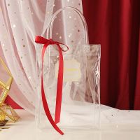 结婚手提喜糖袋婚礼ins风透明PVC手拎袋伴手礼糖盒礼盒糖果礼物袋 小号10个装 透明袋+酒红丝带(含贴纸)