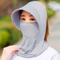 夏季冰丝防晒遮阳帽女士骑行防紫外线遮全脸防晒神器套头围脖帽子 大帽檐灰色