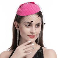 广场舞舞台演出头饰表演面纱发饰羽毛小礼帽网纱蝴蝶结花朵发夹 珍珠帽枚红