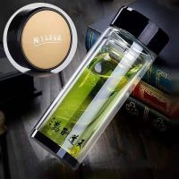 加厚双层玻璃杯大容量泡茶水杯水晶防烫便捷男女商务办公喝水杯子 清雅黑底300ML 杯子+杯刷+杯套