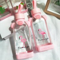 韩版卡通火烈鸟粉嫩扁平硅胶防摔玻璃水杯女学生闺蜜便携随手杯子 扁平火烈鸟图案随机(送杯刷)