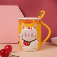 可爱卡通喝水杯子少女心高颜值陶瓷马克杯大容量办公室水杯带盖子 招财猫[黄色]带盖带勺 400ML